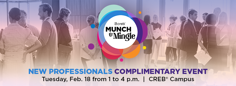 Background image has people talking at an event; at the front sits the Munch & Mingle logo and the date and time of the event (Tuesday, Feb. 18 from 1 to 4 p.m. at the CREB Campus)
